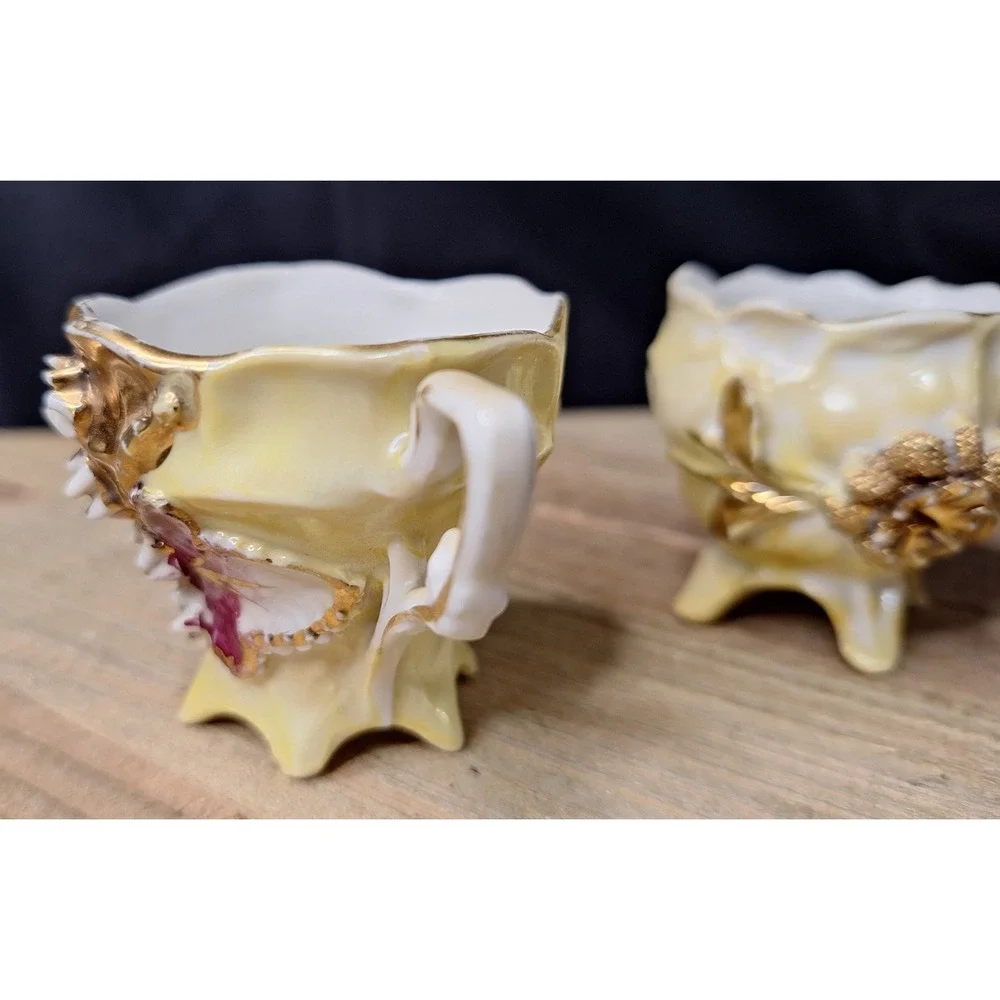 Vintage Footed Lusterware Porcelain Teacups Gold Gilt 3D Floral Applique Set / 2